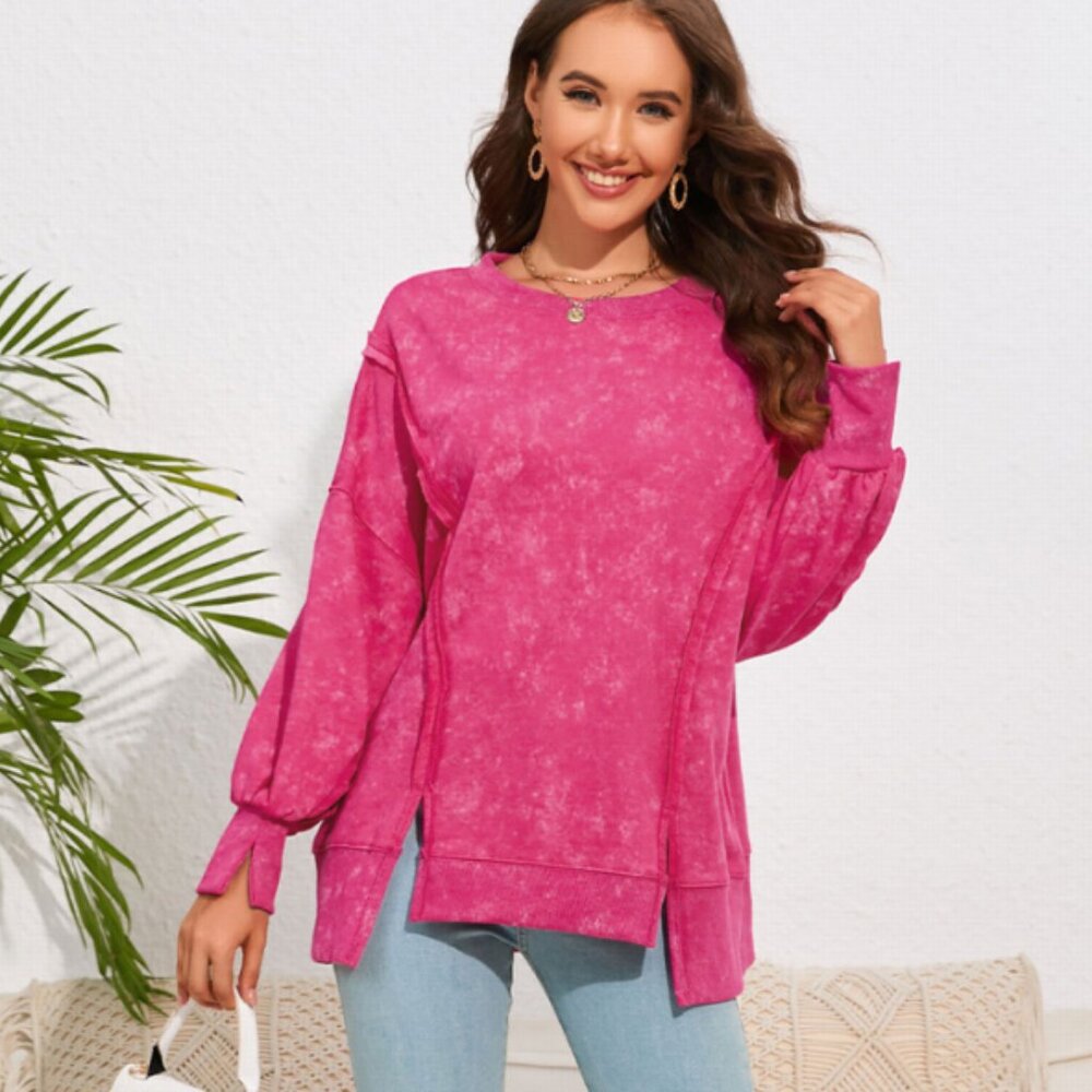 Acid Wash Relaxed Fit Seamed Pullover Sweatshirt with Slits "ROSE"